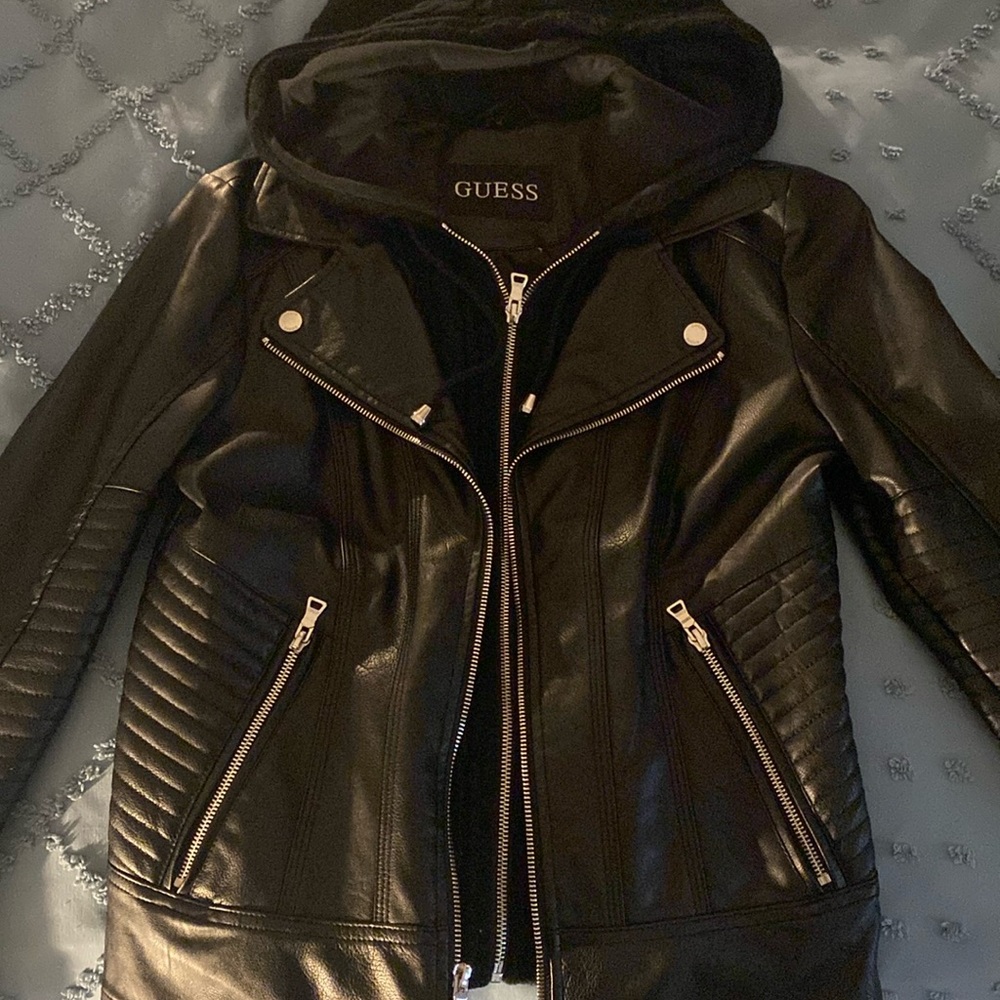 Guess leather  coat with detachable hood. Worn 3 times like new